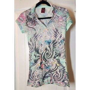 RARE ED HARDY Vintage Polo Shirt Womens Med AOP Top
